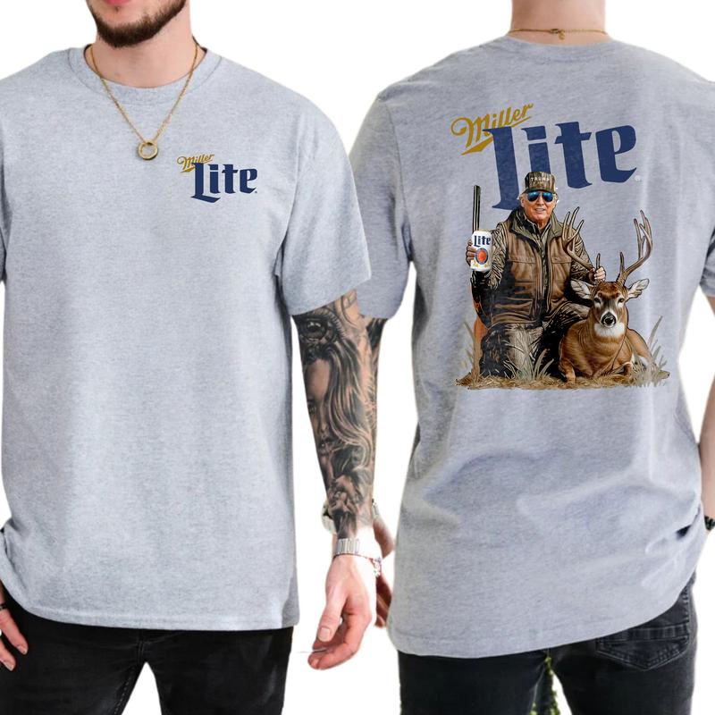 Camo Hunter Trummp With Miler Lite Beer Shirt 2-Sided, Vintage Men's Buck Hunting Tshirt, Beer Drinking Tee, Unisex Hunt Tops, Classic Casual Menswear