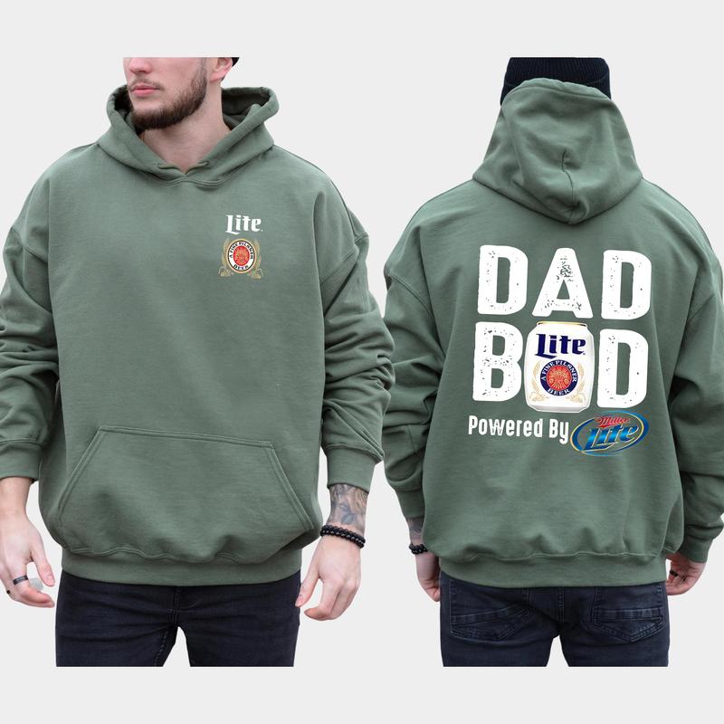 Men's Dad Bod Powered By Miller Lite 2-Sided Hoodie, Daddy's Beer Drinking Hoodie, Drink Tops for Dad, Casual Menswear, Classic Cotton Pullover