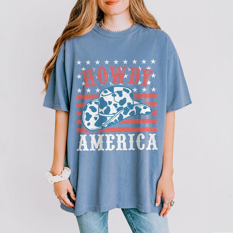Howdy America Shirt, 4th Of July T-Shirt, Cowboy Style Patriotic Tee, Independence Day Celebration, USA Flag Design, Retro American Pride Shirt, Women