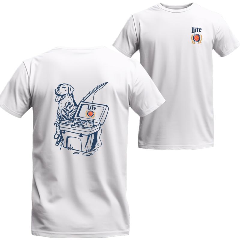 Miller Lite Fishing Scene with Dog  Cooler 2 sided Shirt, Unisex T-shirt For Men, For Women, Best choice, Menswear Top, Beer Shirt Underwear Tshirt