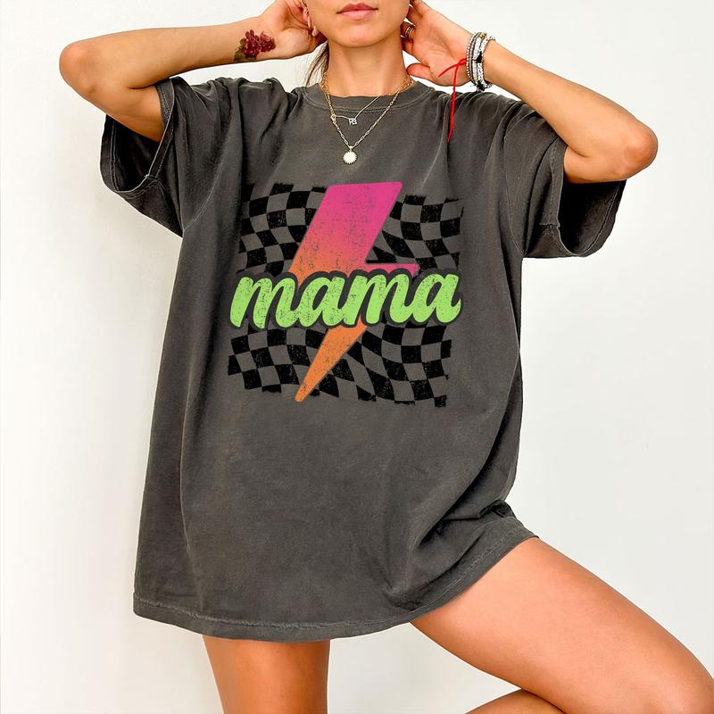 Neon Mama Shirt, Checkered Mama Shirt, Lightning Bolt Shirt, Mothers Day Gift, Retro Checkered Mom Tshirt, Mom Comfort Tee, Gift for Her, Retro Mama Shirt, Mom Women Tops