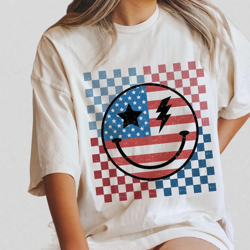 Retro Smiling 4th Of July Shirt, Patriotic Shirt, 4th Of July Checkered Shirt, America Shirt, Independence Day T Shirt, USA Flag Shirt, Funny 4th of July Gift T-shirt, American Tee, Independence Day Parade Outfits, 4th Of July Women Top Casual Comfort