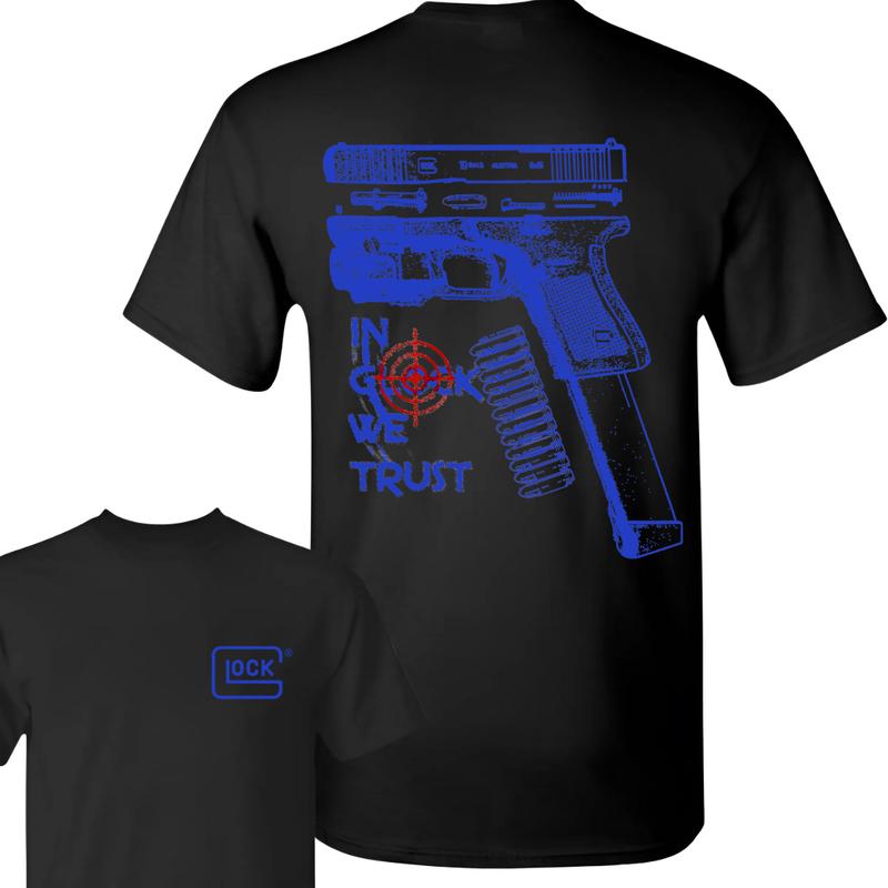 In Glock We Trust Standard size Black T-shirt with Multicolor Design for Men and Women - Classic Fit - Menswear Cotton Top