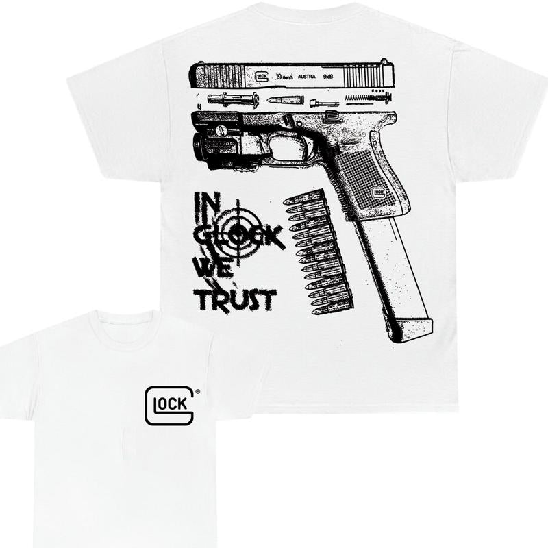 In Glock We Trust Double Sided Print T-Shirt - Glock shirt - Classic Width and Collar for Men and Women - Design color Black and White , Cotton Menswear