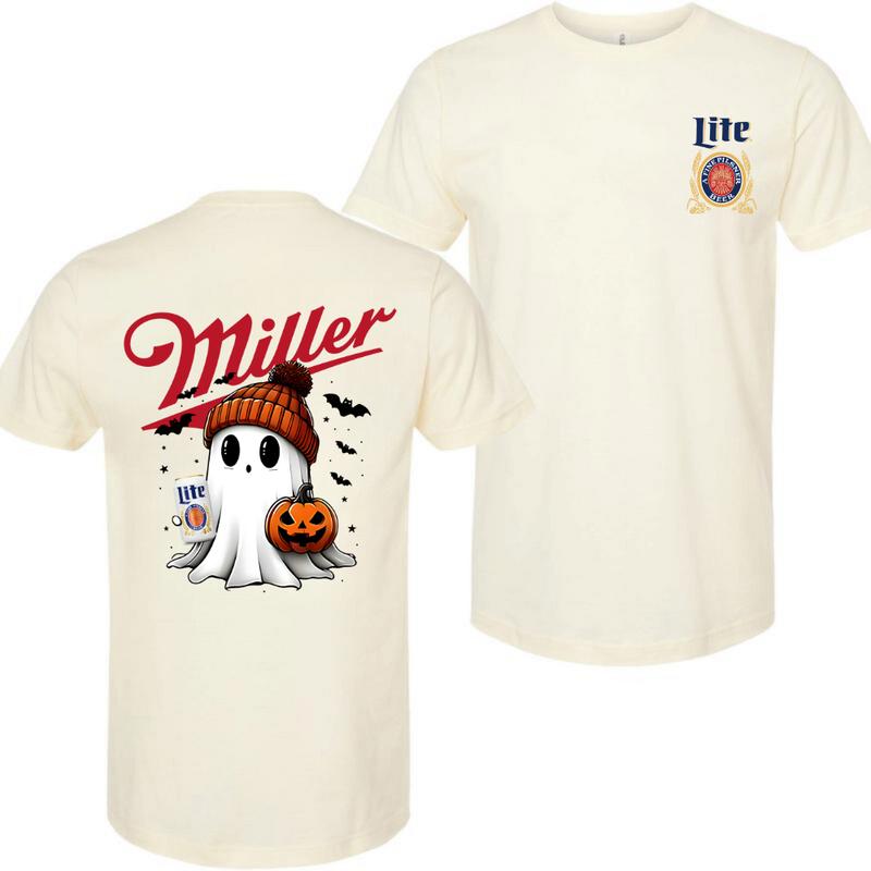 Miler Lite Ghost Cute Pumpkin Halloween 2sides T-Shirt, Beer Shirt, High-Quality Printing, All Seasons, Casual Fitted, For Men And Women