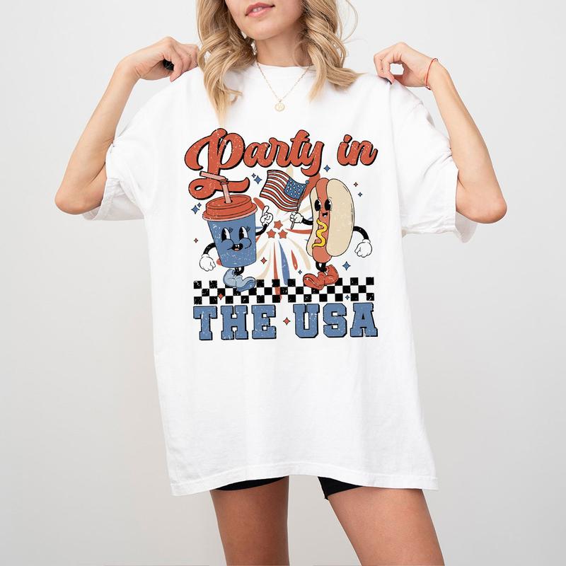 Retro Party In The USA Shirt, 4th Of July Shirts, Gift For Her, Indenpendence Day Gifts, Funny Fourth Of July Shirts, USA Hot Dog Funny Tee, USA Patriotic Tee, Shirt For Women, Trendy Celebration Shirt, Women's Tops Casual Comfort Womenswear Breathable