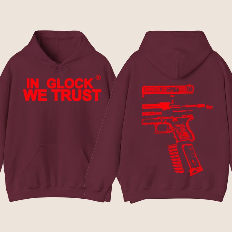 IN GLOCK WE TRUST 2 side Hoodie,Design color Red, Hoodie For Men, Menswear Top , GIft For Men,Full color,Hoodie & sweaters