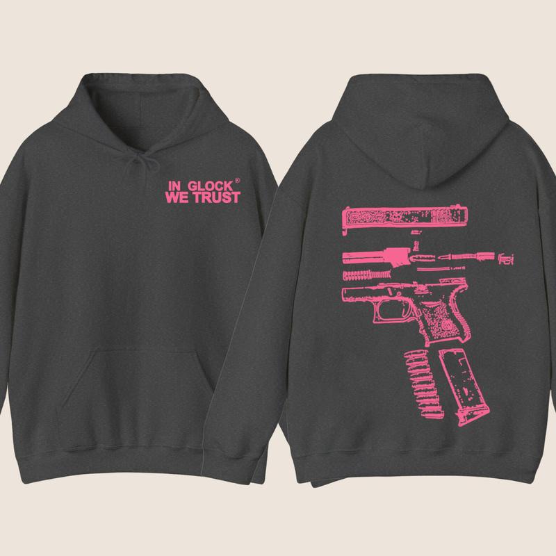 IN GLOCK WE TRUST 2 SIDE Hoodie , Design Heliconia pink, Sweater for Men , Gift For Men ,Full Color , Menswear Top, Glock SweatShirt Classic Cotton