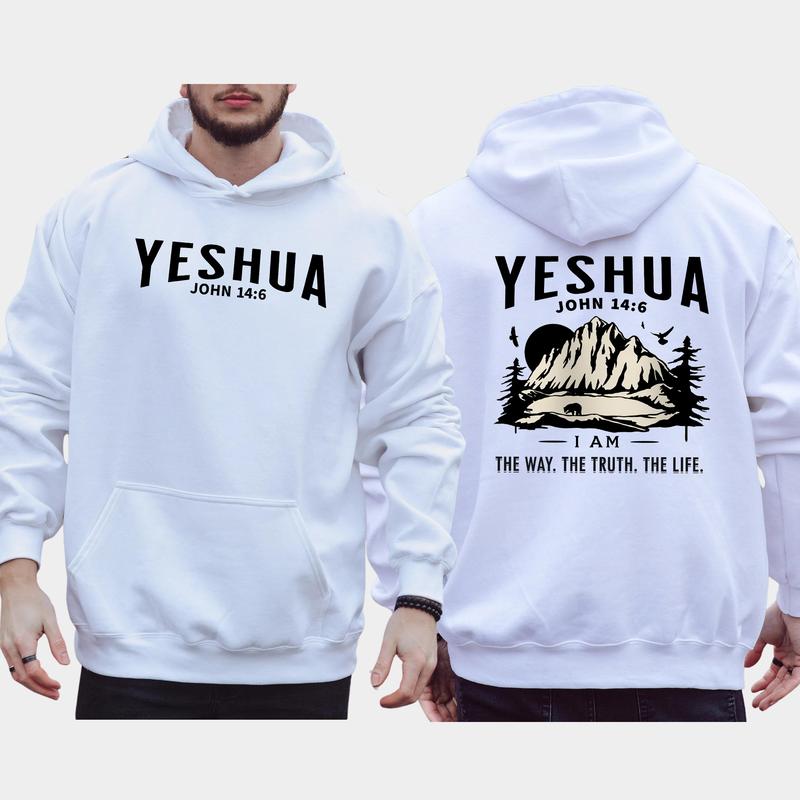 Men's Yeshua Christian 2-Sided Hoodie, The Way The Truth The Life Hoodies, Jesus Apparel, Bible Verses Tops, Long Sleeve Pullover, Religious Menswear