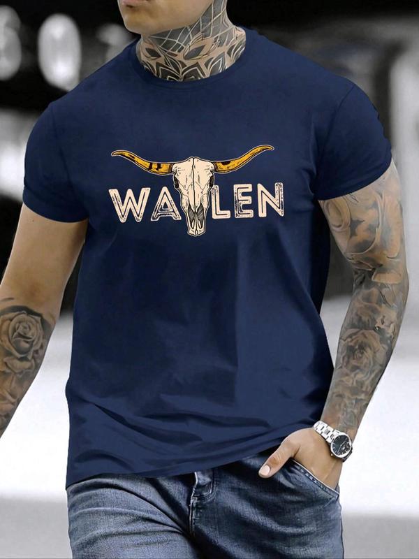 Men's Bull Head & Letter Print Round Neck Graphic Tee,Ã‚Â Graphic Tees for Men, T Shirts for Men, Regular Fit Casual Short Sleeve Crew Neck T-shirt, Fash