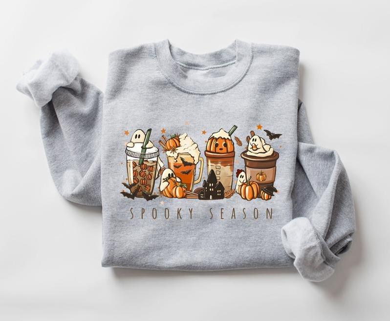 Spooky Season Sweatshirt - Shirt - Hoodie, Fall Coffee Sweatshirt, Halloween Coffee Sweatshirt, Cute Fall Sweater, Pumpkin Spice Shirt, Iced Coffee Lover Shirt, Spooky Season Shirt, Fall Halloween Gift Shirt, Full Color, Tee Print