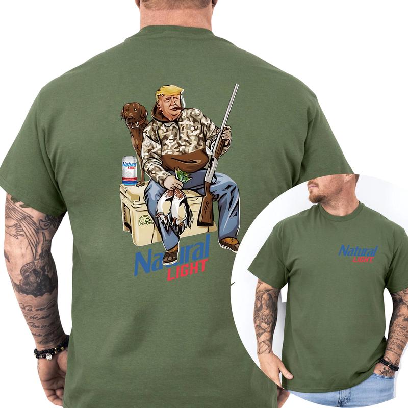 Camo Hunter Trummp With Natural Light Beer Shirt 2-Sided, Funny Men's Hunting T-shirt, Beer Drinking Tee, Unisex Hunt Tops, Classic Casual Menswear