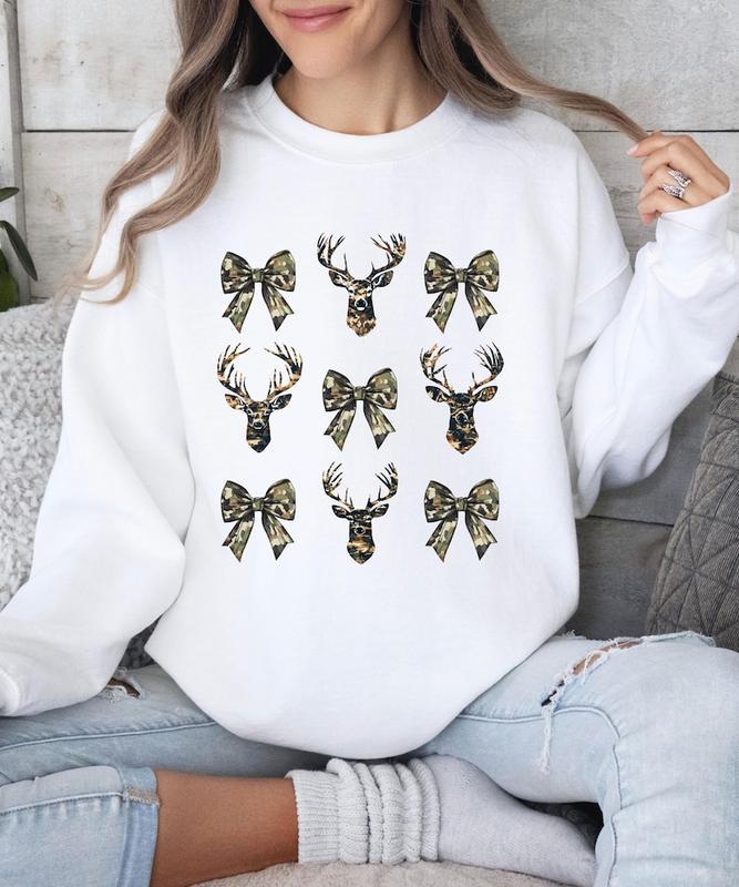 Girly Crewneck Sweatshirt for Deer Season Pullover with Deer Mount Prints and Camouflage Bows Womens Hunting Sweatshirt Deer Lease