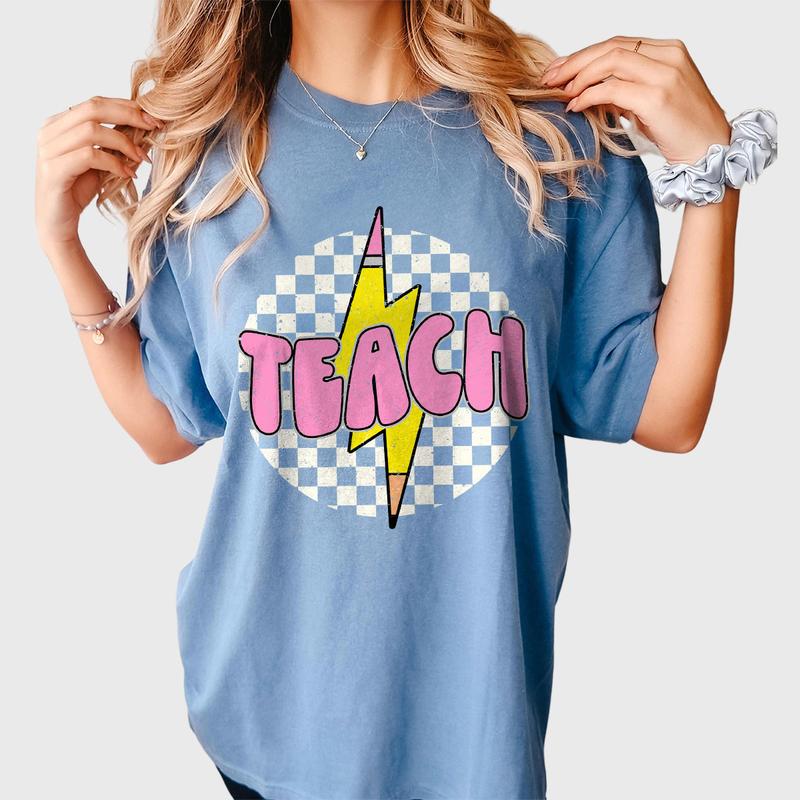 Checkered Teach Shirts, Pencil Lightning Shirt, Lightning Bolt Shirt, Teacher Appreciation Gifts, Shirt For Teacher, Retro Teacher T-shirt, Teacher Gifts, Women Shirt, Retro Shirt For Her, Women Tops, Checkerboard Teach T-shirt