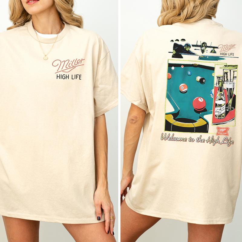 Vintage Miller High Life Sportsmans Club Shirt 2-Sided, Retro Miller High Life Graphic Printed Tee, Billiard Shirt, Cotton T-shirt, Casual Womenswear