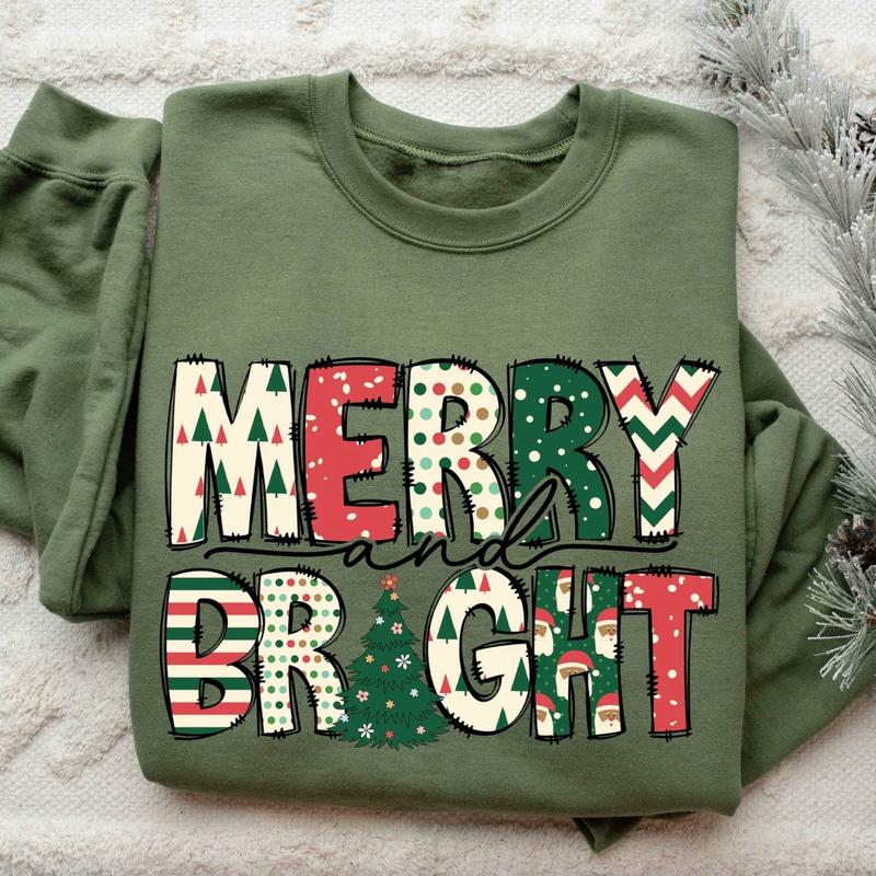 Merry and Bright ShirtSweatshirtHoodie, Retro Crewneck, Gift For Xmas, Cotton, Womenswear Tops