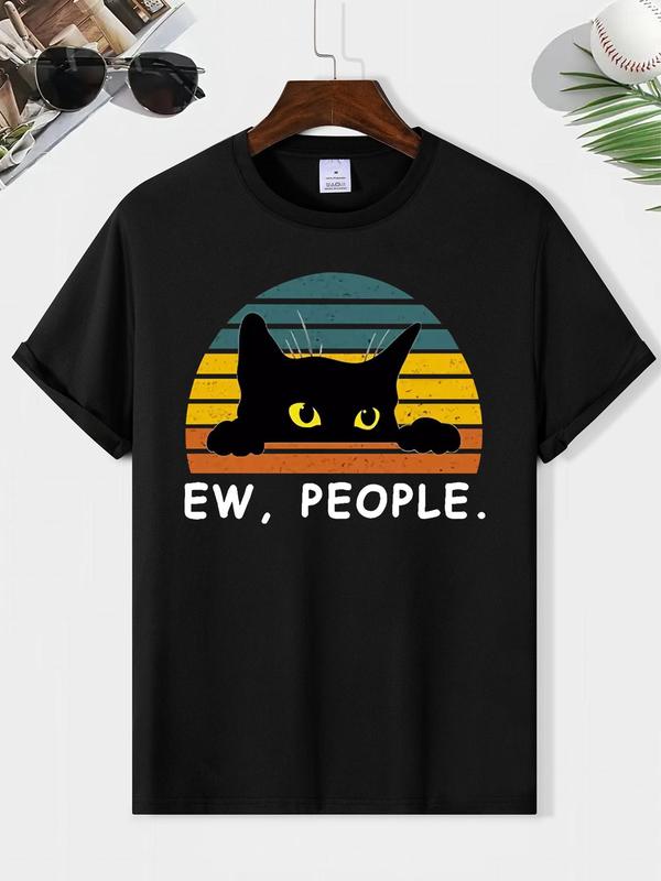 Men's Cartoon Cat & Letter Print Round Neck Tee, Men's Summer Clothes, Regular Fit Casual Short Sleeve Graphic T-Shirt for Summer, Men's Top for Daily
