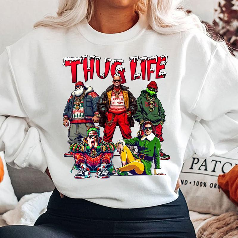 TC01 THUGLIFE Christmas Shirt, Christmas Movies Sweatshirt, Xmas Graphic Tee Casual Collar