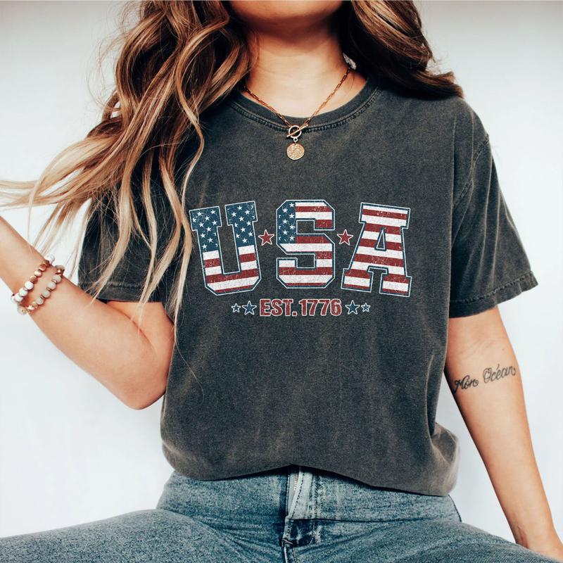 Retro USA Est 1776 Shirt, America T-Shirt, Retro USA T-shirt, 4th of July, 4th of July T-Shirt, Shirt For Women, Gift For Independence Day, Freedom Shirt, Patriotic Shirt, America Flag Tee,Star American Tee, Women Tops