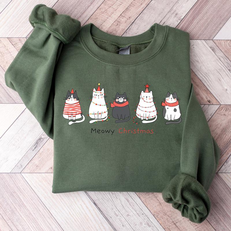 Meowy Christmas Crewneck Sweatshirt, Funny Cat Christmas Hoodie, T-shirt
