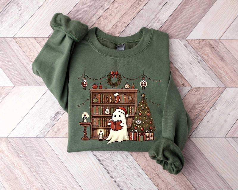 Ghost Reading Books Christmas Sweatshirt, Bookish Christmas Crewneck, Cute Ghost Xmas Shirt, Christmas Teacher Gift, Librarian Christmas Shirt, Christmas Bookish Gift Shirt