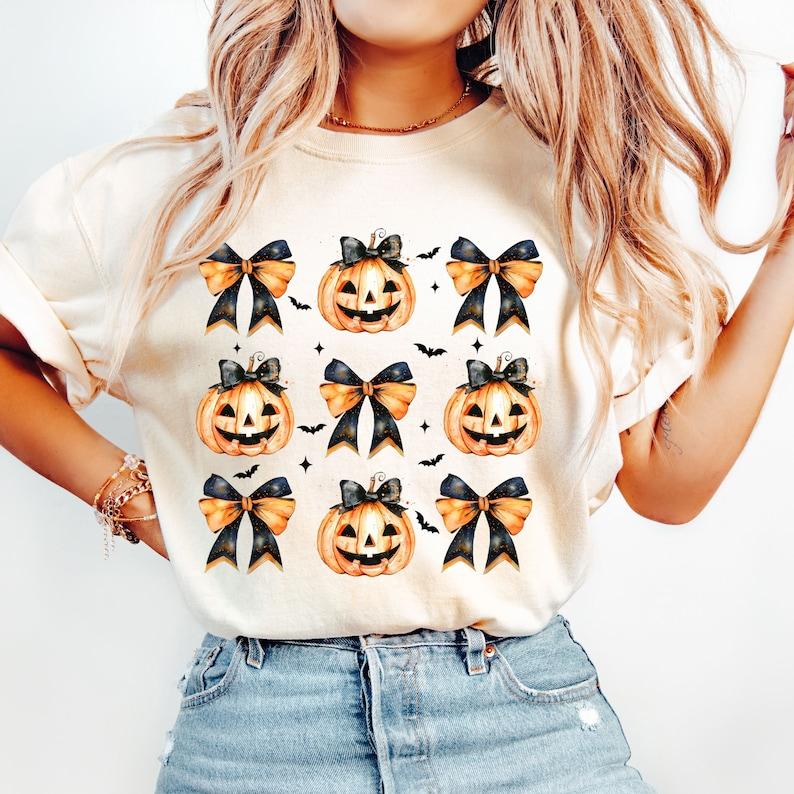 Halloween Pumpkin Shirt, Coquette Bow Halloween Shirt, Spooky Season Shirt Casual Comfort Collar Cotton