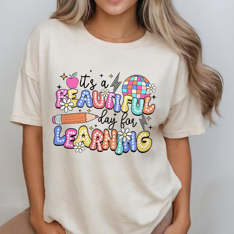 It's A Beautiful Day For Learning Shirt, Teacher Comfort Shirt, Teacher Appreciation Gift, Teacher Life Shirt, Retro Teacher Shirt, First Day Of School, Teach Love Inspire, Teacher Back To School Shirt, Teacher Women Top Breathable Casual Womenswear