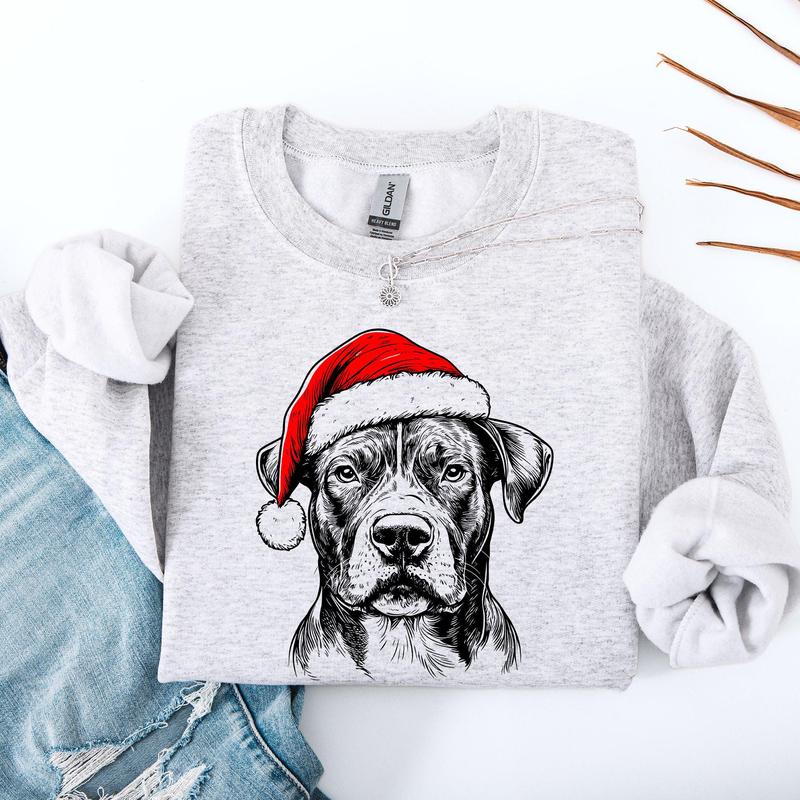 Pitbull, Santa, Dog, Christmas, Dog Lover, Pet Sweatshirt, Crew Neck, Women's, Crewneck