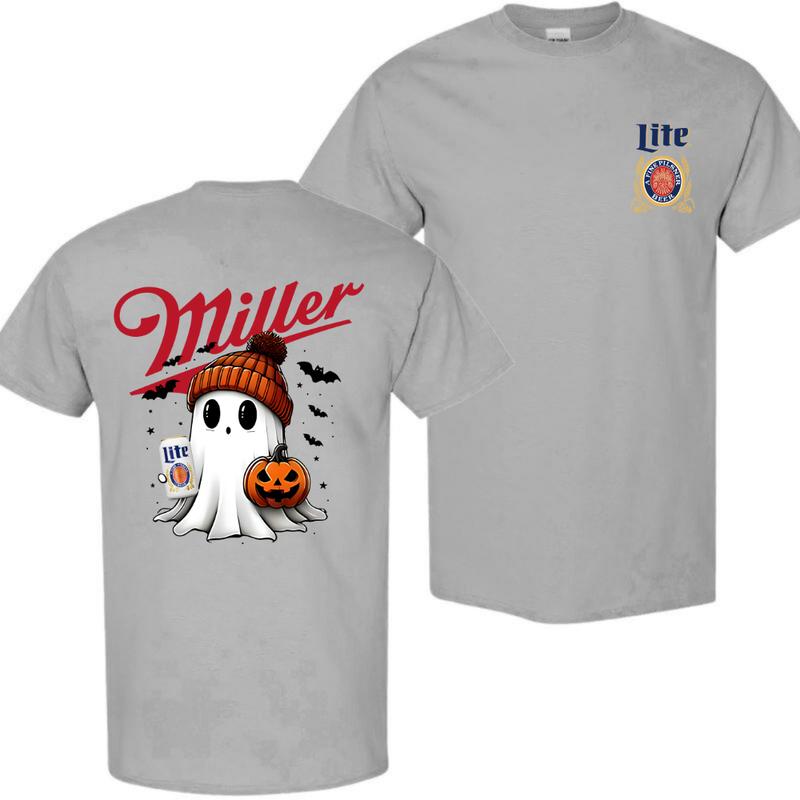 Miler Lite Ghost Cute Pumpkin Halloween 2sides T-Shirt, Beer Shirt, High-Quality Printing, All Seasons, Casual Fitted, For Men And Women