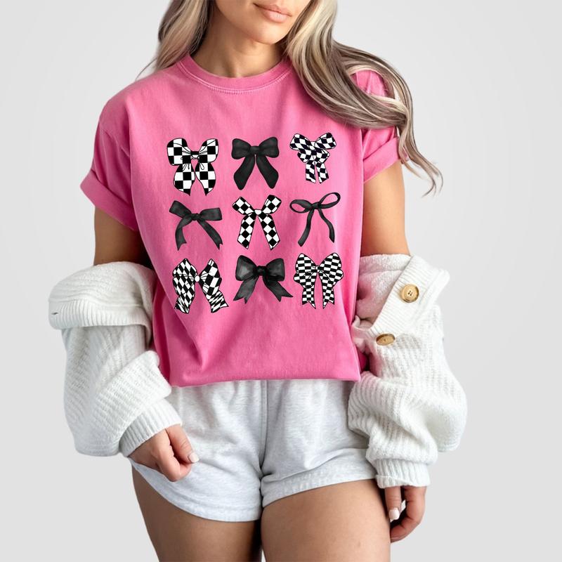 Coquette Checkered Black Bow Shirt, Black Bows Coquette Shirt, Gift for Her, Gift for Mom, T-Shirt for Women, Coquette Bows Checkered T-Shirt, Black B