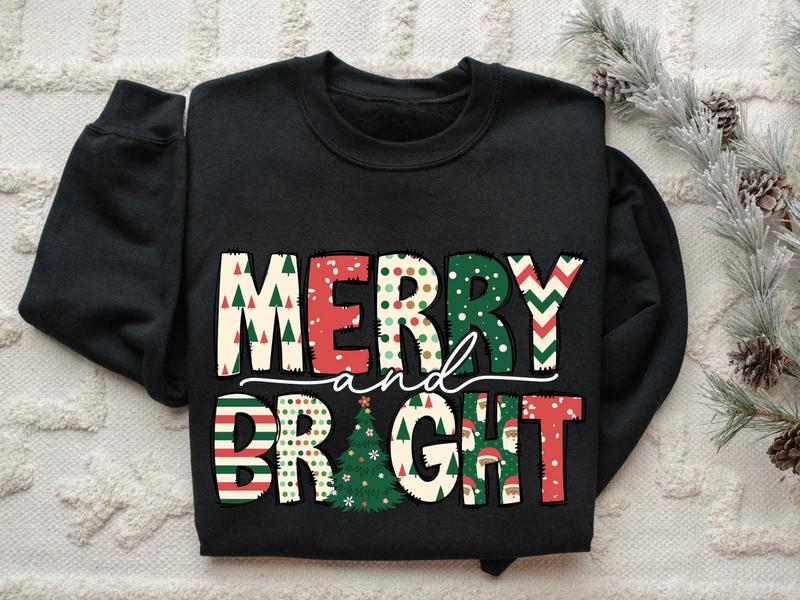 Merry and Bright ShirtSweatshirtHoodie, Retro Crewneck, Gift For Xmas, Cotton, Womenswear Tops