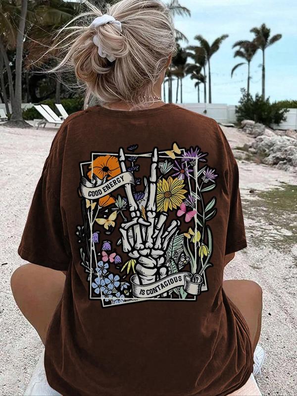 Women's Letter & Skull Print Drop Shoulder Tee,Â Back To School Outfits, Casual Round Neck Half Sleeve T-Shirt for Daily Vacation Outdoor, Ladies Summer Clothes