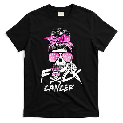 Fuck Breast Cancer Women Warrior Pink Ribbon Messy Bun Hair T-Shirt