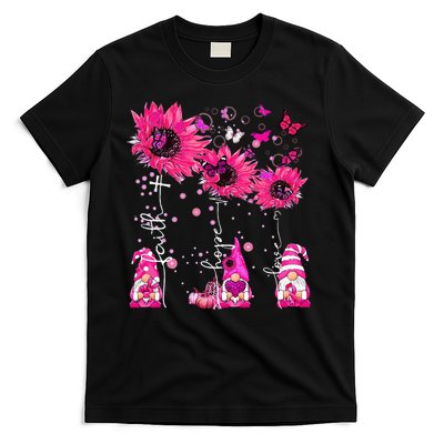 Faith Hope Love Gnome Ribbon Breast Cancer Awareness Flower T-Shirt