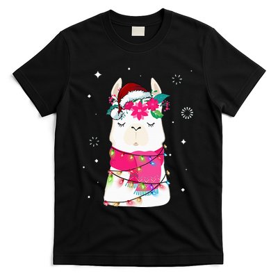Llama Christmas Tree Lights Santa Hat Xmas Gifts T-Shirt