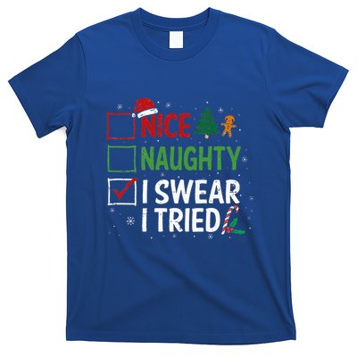 Nice Naughty I Swear I Tried Christmas List Xmas Santa Claus T-Shirt