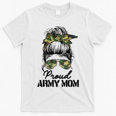 Proud Army Mom Camouflage Messy Bun Soldier Mother's Day T-Shirt