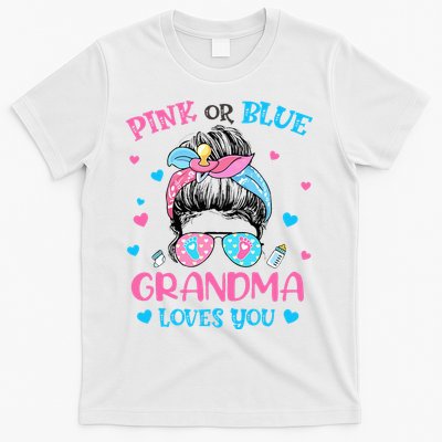 Pink or Blue Grandma Loves You Gender Reveal Messy Bun T-Shirt