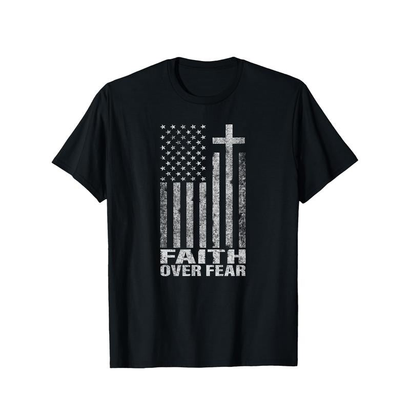 Faith Over Fear Cool Christian Flag Cross for Men Short Sleeve T-Shirt Cotton Fun Design DIYMen's Soft breathable comfortable casual sports Halloween and Christmas gifts