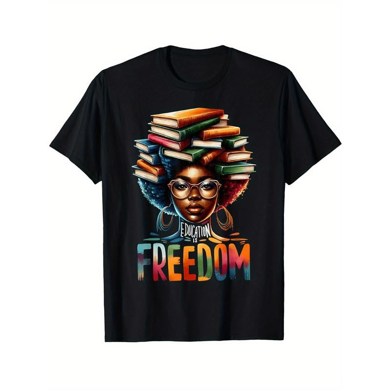 Education Is Freedom Black Teacher Books Black History Month T-Shirt Cotton Fun Design DIYMen's Soft Summer and winter breathable comfortable casual sports Halloween and Christmas gifts