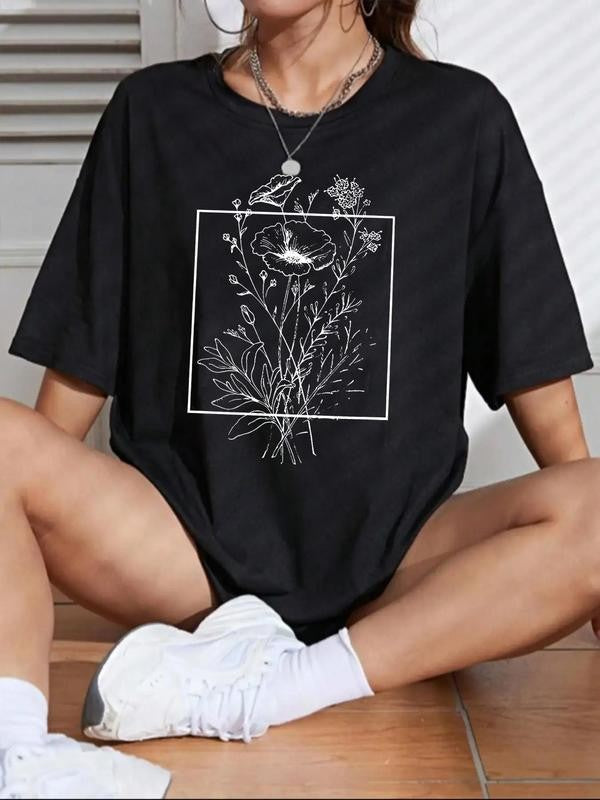 Women's Back To SchoolÂ Floral Print Drop Shoulder Tee, Summer Clothes Women,Â Casual Half Sleeve Round Neck T-Shirt for Summer, Summer Outfits, Graphic Tees,Â Women's Top for Daily Wear Black Girl Outfits