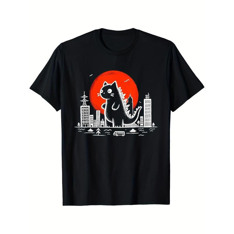 Catzilla Monster Cat Memes Retro Japanese Kawaii Monster T-shirt, high casual fashion T-shirt, cool creative men's short sleeve T-shirt, 1 pc, 100% cotton T-shirt
