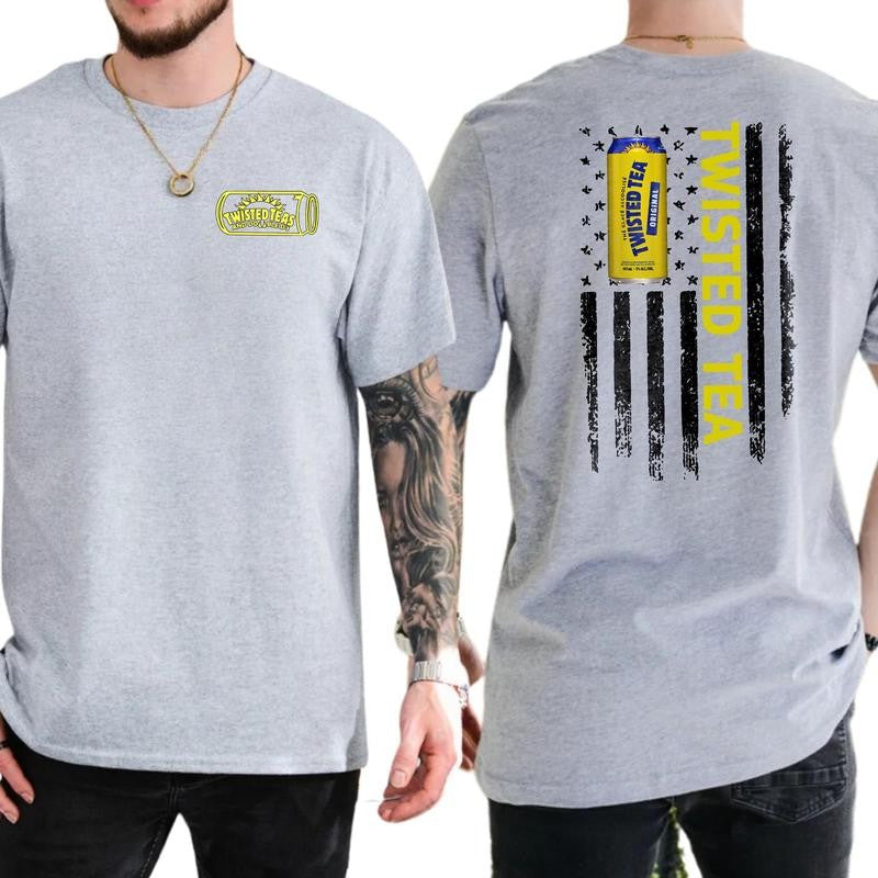 Casual, 2-Side Twisted Tea Logo Flag Funny T-Shirt, Full Color, For Men ,Gift For men, Casual.