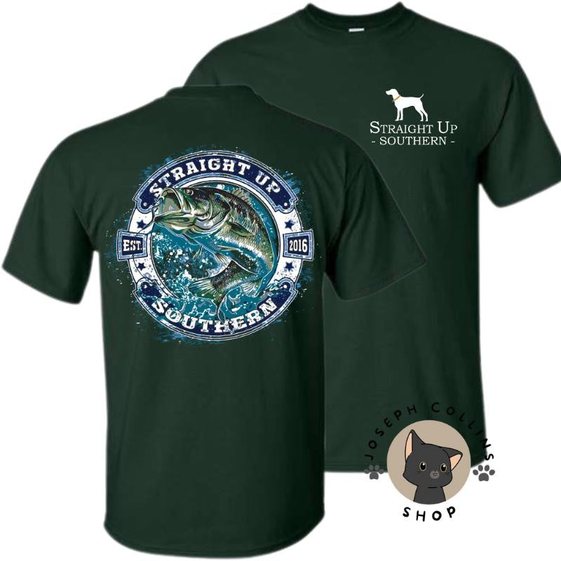 Jumping Bass Badge T-Shirt - by Straight Up Southern - Summer Outfits, Regular Fit Short Sleeve Crew Neck T-Shirt for Men, Casual Comfy Knitting Top for Summer