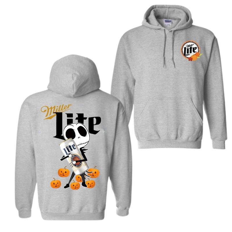 Jack Skellington hug Miller Lite Halloween Hoodie - Halloween Hoodie, High-Quality Printing, All Seasons, Casual Fitted, For Men And Women