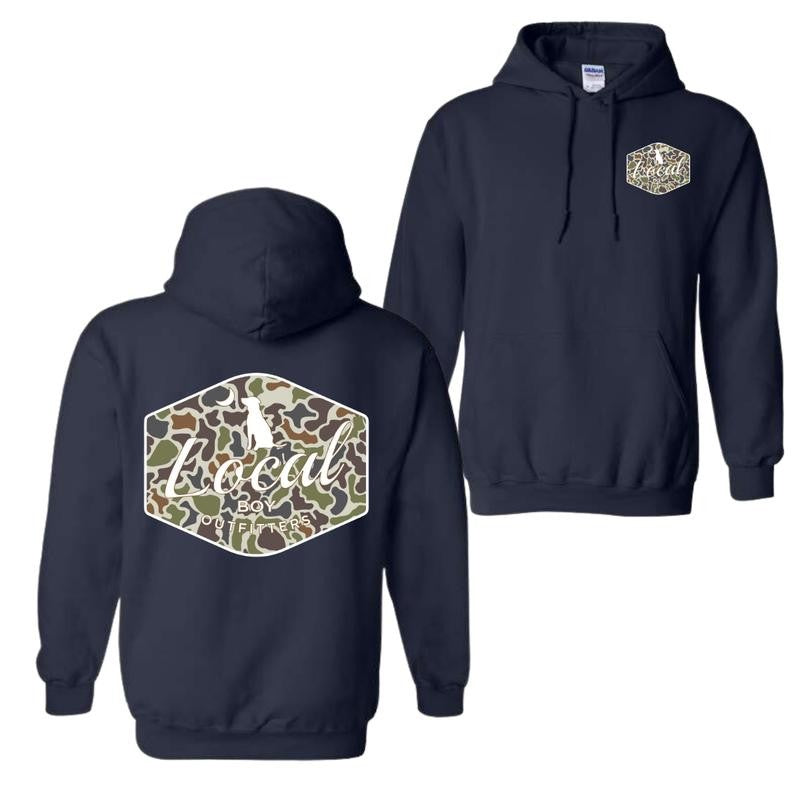 Local Boy Outfitters Dog Camo Hoodie and T-shirt - Classic Camouflage Design with Minimalist Logo, Perfect for Outdoor Adventures and Casual Wear, For Men For Women