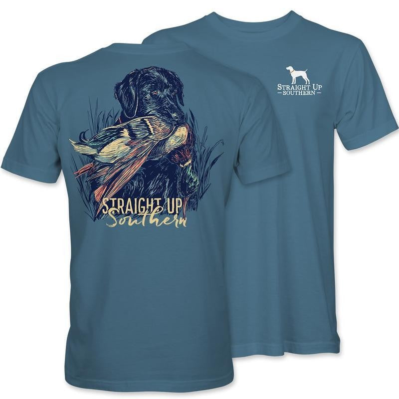 Lab With Mallard - Black Lab Retrieving Mallard T-Shirt -Youthful & Vibrant - Every Size Available
