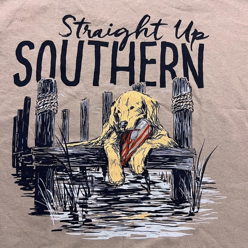 Lab With Flop - Golden Retriever Enjoying a Day on the Dock Tee - Grey Cotton Menswear