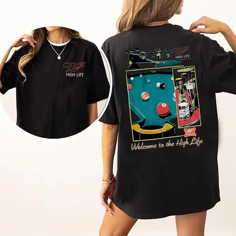 Vintage Miller High Life Sportsmans Club Shirt 2-Sided, Retro Miller High Life Graphic Printed Tee, Billiard Shirt, Cotton T-shirt, Casual Womenswear