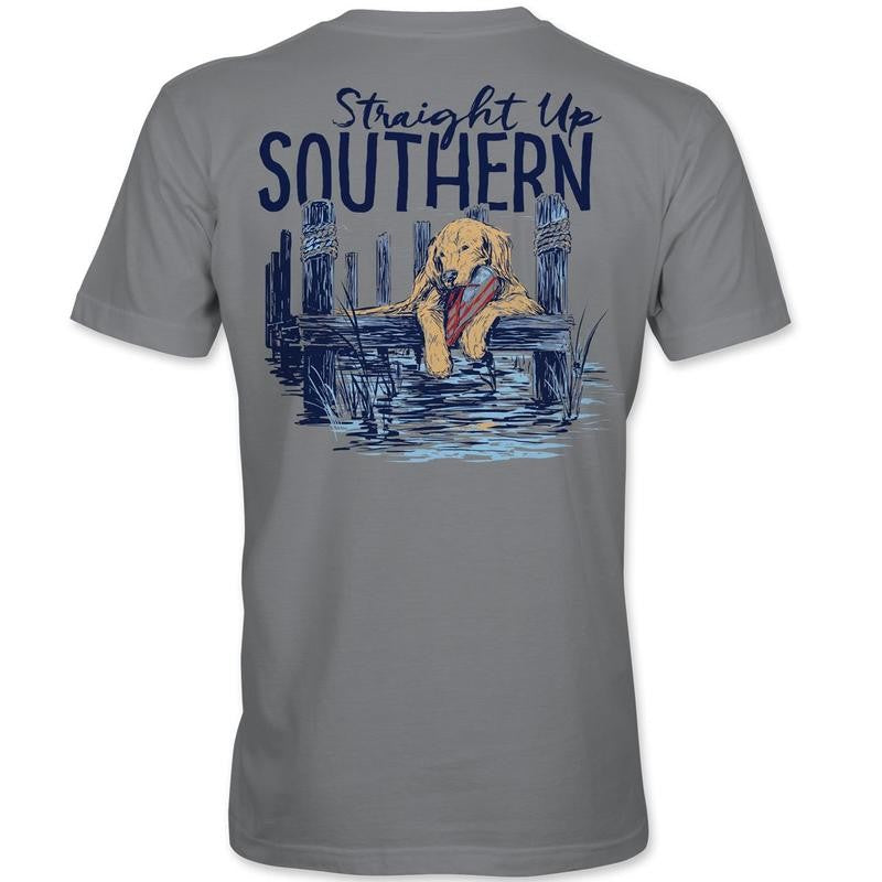 Lab With Flop - Golden Retriever Enjoying a Day on the Dock Tee - Grey Cotton Menswear